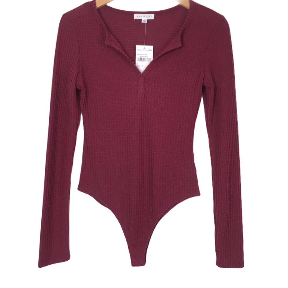 Socialite Split V-Neck Waffle Knit Bodysuit